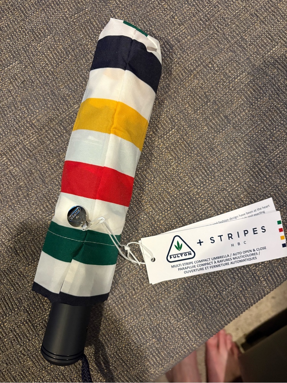 HBC Striped Compact Umbrella by Fulton- Red, Yellow, green, Navy & White! - Picture 3 of 5